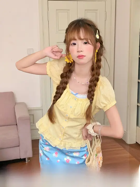 夏用 薄手のTシャツ【ミルク黄色・花柄スカート付き・女性用】（セットアップ対応）