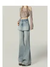 美しいデザインのハイウエストデニムスカートパンツ【Aライン・フレア・青色】（セットアップ対応）