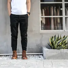 TickTock メンズ ストレッチ工装パンツ【スリムフィット・ウォッシュ加工・多ポケット・厚手・束脚デザイン】