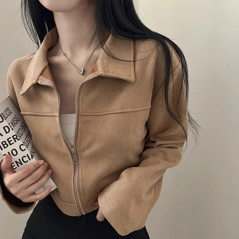秋季レトロスタイルのラウンドカラージップ付きジャケット【極上の柔らかさ・長袖・女性用】
