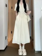 白色コットンPolo衿長袖ワンピース【ウエストシェイプ・夏用・カジュアルデザイン】（セットアップ対応）