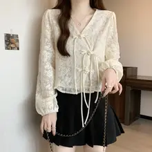 国風盤扣Vネックシャツ【大きいサイズ・春秋用・パフスリーブ・洗練されたデザイン】