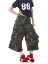 アメリカンレトロスタイル迷彩ワークパンツ【大口ポケット・プ  リーツデザイン・ユニセックス・ルーズフィット・七分丈】