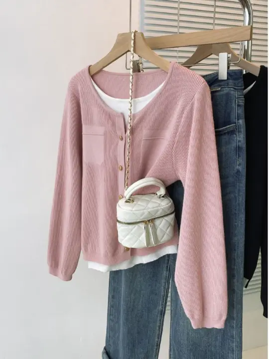 大きいサイズのカラー切替風ニットカーディガン【長袖・秋冬用・ルーズフィット】