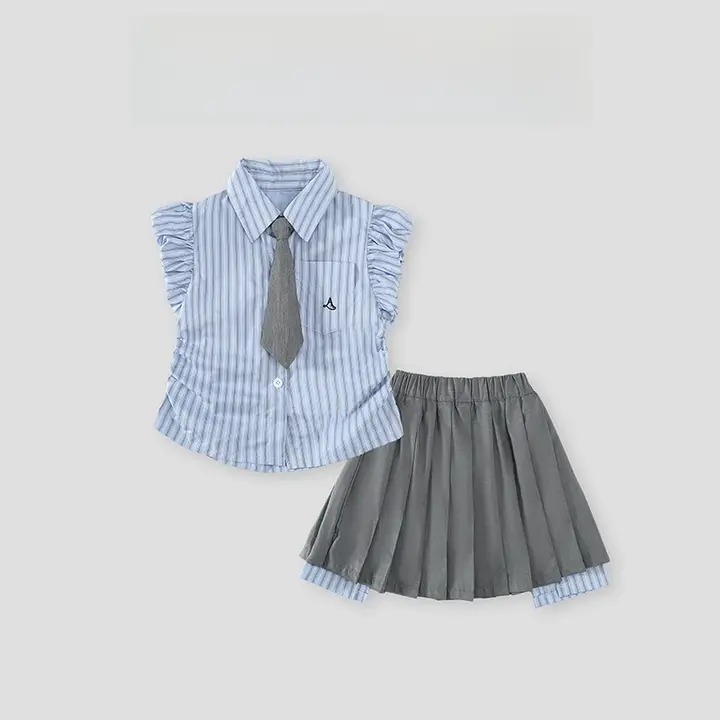 スタイリッシュな子供用夏のプリーツスカート【ストライプ・学院風・二部分】（セットアップ対応）