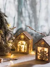 雪景色の小屋デザインのクリスマスツリー飾り【光るナイトランプ・吊り下げ式】