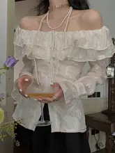 フリルデザインの中長丈オフショルダーシャツ【プレッシャーギャザー・フランス風】