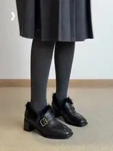 牛革製 ヴィンテージ風 加絨ローファー【女性用・ブラック・通勤用・太ヒール】
