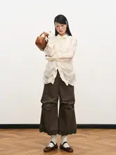 ブラウンレース切り替えのプリーツワイドパンツ【カジュアル・八分丈・女性用】