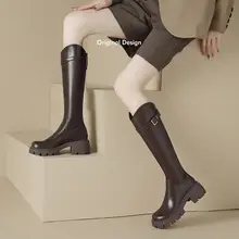本革Vカットロングブーツ【加毛・厚底・粗ヒール・秋冬用】