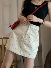 杏色ドット柄デニムハイウエストスカート【Aライン・タイトフィット・春用】（セットアップ対応）