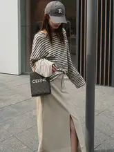 円形フリースのゆったりとした韓国風長袖Tシャツ【春秋用・ストライプデザイン・重ね着対応】
