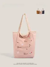 ピンクのスエード調刺繍トートバッグ【秋冬用・両面ラムウール・大容量・ショルダー付き】