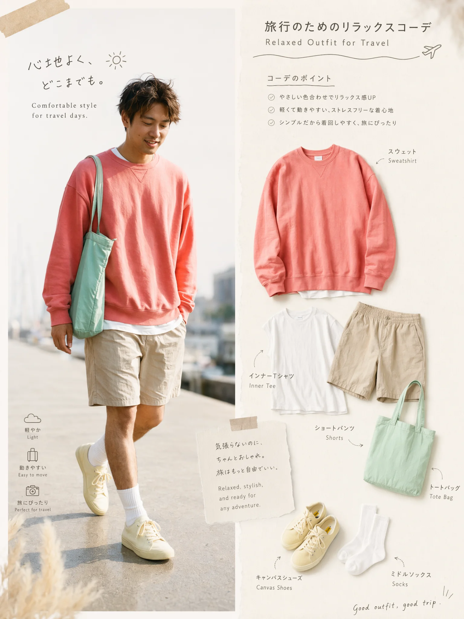 淡いピンクのスウェットに白Tシャツ、サンドベージュのショーツ、白いリブソックス、淡いイエローのスニーカーを合わせた軽やかな休日コーデ