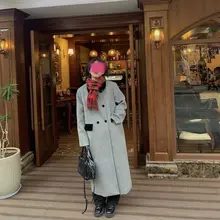 ウール混ボタン付きグレーラペルコート【レトロスタイル・ゆったりロング】