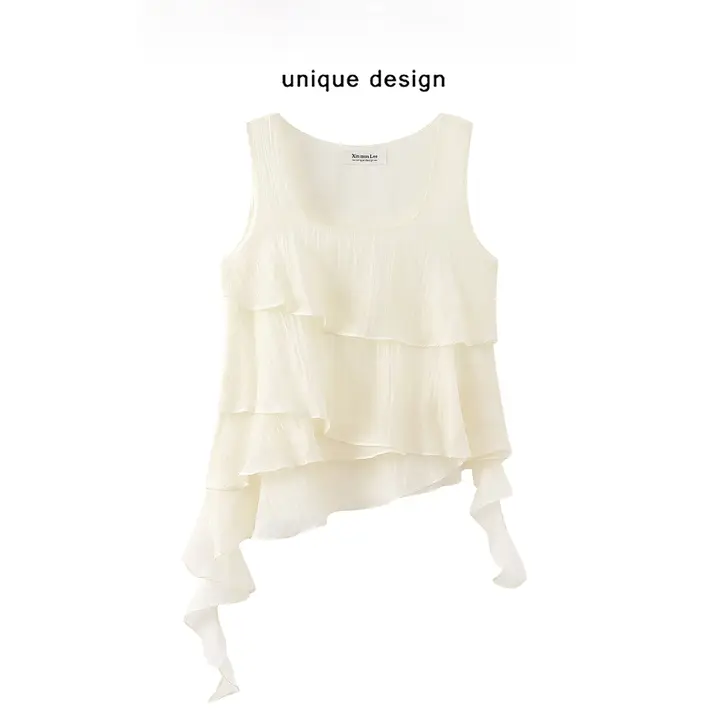 リゾートスタイルのフリルキャミソール【スクエアネック・夏用・不規則丈】（セットアップ対応）