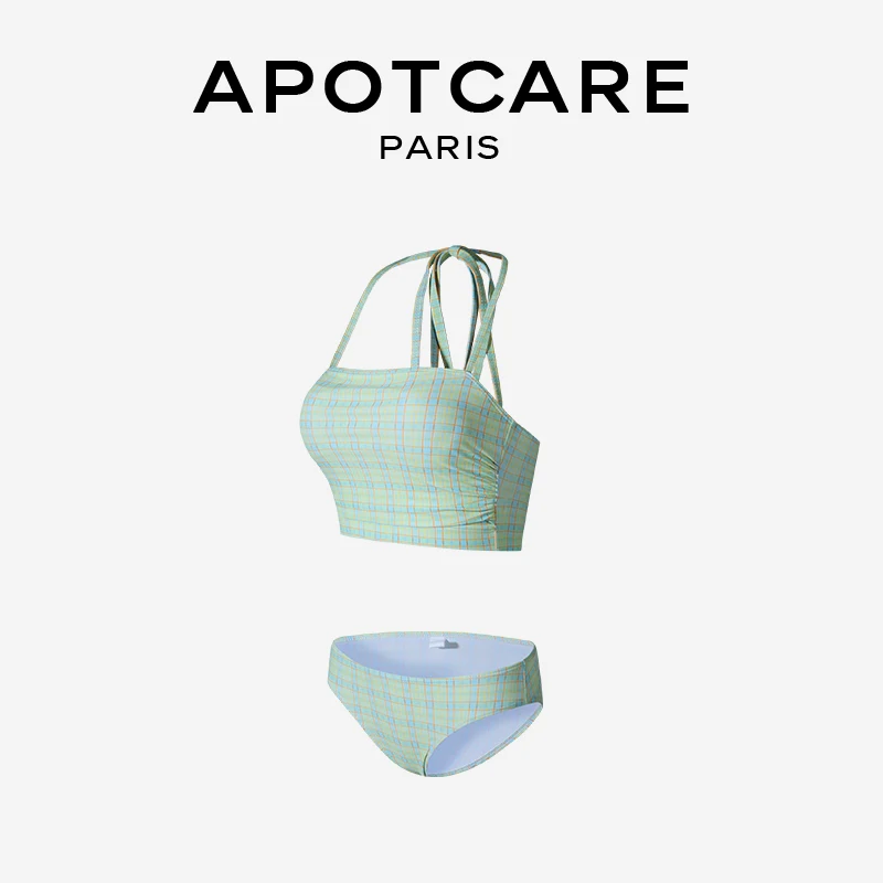 APOTCARE チェッ  ク柄ビキニトップ：バストバンドとリボン付きの女性用三角分体スタイル