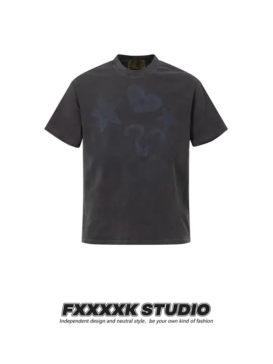 ユニセックス ビンテージ風 星柄プリント 半袖Tシャツ【ストリートスタイル・ウォッシュ加工】