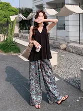 腰果花プリントのワイドレッグパンツとノースリーブトップ【夏用・カジュアル・コントラストカラー】（セットアップ対応）
