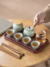 手描きの氷亀裂釉薬 ハスの花デザイン急須と茶盤の旅行用功夫茶器【屋外用ポータブル収納バッグ付き】（セットアップ対応）