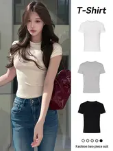 おしゃれなアプリコットカラーのショートTシャツ【女性用・タイトフィット・クルーネック・夏用】