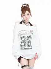 オフショルダー長袖Tシャツ【カジュアル・プリント・春用・デザイン性あり】