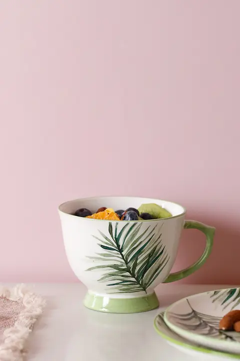 ブルーリリーハウス 陶器製グリーンリーフマグカップ【大容量・朝食用・オートミール対応】