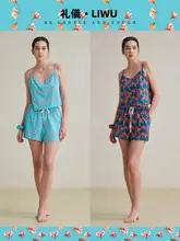 夏用コットン印花キャミソールとショートパンツのルームウェア【Vネック・セクシーなバックオープン・二色展開】（セットアップ対応）