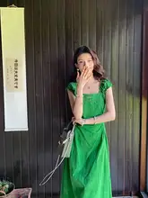 ワンピース 夏 女 優雅な雰囲気 白く見せる グリーン フレンチヴィンテージ 四角いネック ウエストを絞った ロングスカート