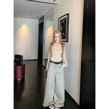 レディース 秋冬用 ハイウエストゆったりデニムパンツ【レトロなヒョウ柄・ワイドレッグ】