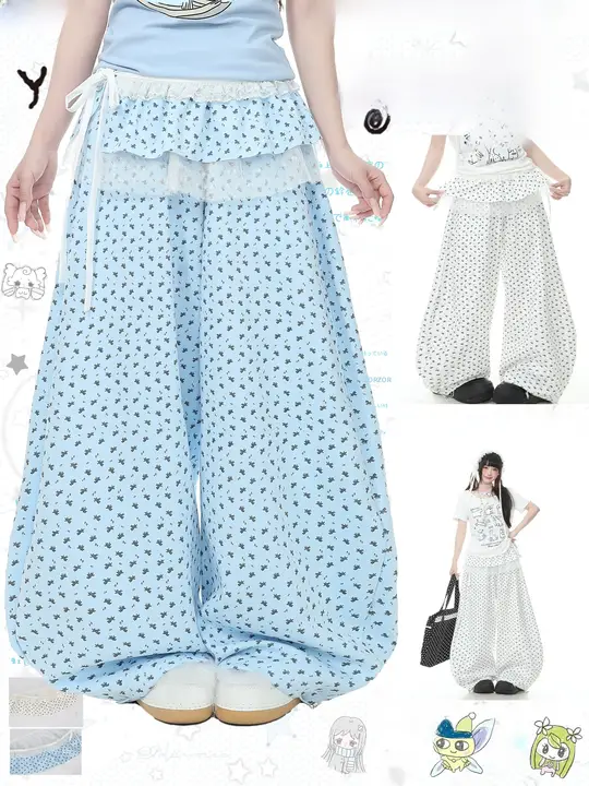 高腰弯刀デザインの夏用パンツ【ストレート・ワイドレッグ】（セットアップ対応）