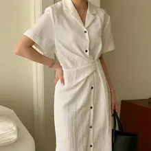 夏用 フレンチスタイル サイドリボン付き ノーカラーシャツワンピース【女性用・ウエストマーク・短袖】