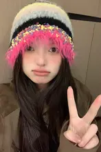 カラフルストライプの毛糸キャップ【冬用・暖かい・厚手】