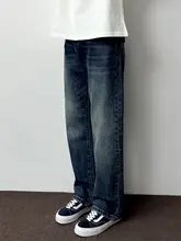 深いブルーのリラクシングデニムパンツ【春秋用・ストレート・ゆったり体型カバー】