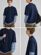 コットン100% 快適で通気性のあるストライプデザインの重ね着風Tシャツ【ラウンドネック・カジュアル】（セットアップ対応）