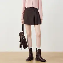 高腰Aラインデザインの不規則なデニム風スカート【カフェカラー・シーズンレス】