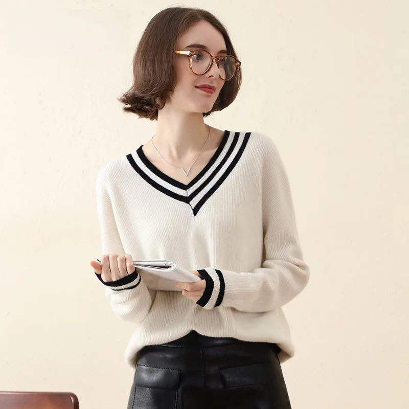 KAMON BOKA 100%山羊毛Vネックカラー切替セーター【アカデミックスタイル・厚手】 ブラックデニムコーデに最適なトップス