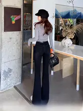 脚長効果！厚手フリースの暖かいフィット感ボトムス【ハイウエスト・ブラックグレー・微喇叭デザイン】