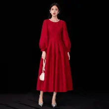 レディース 法式紅色長袖ワンピース【重要な場面に最適なドレス】