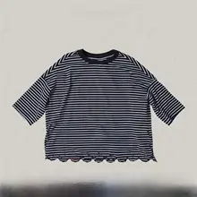 黒白ストライプの七分袖Tシャツ【フィット・丸首・夏用】