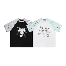 刺繍入り小猫星柄クルーネック半袖Tシャツ【ユニセックス・カジュアル・ゆったりタイプ】