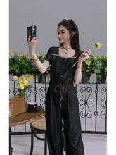 デザインのウエスト調整可能なオールインワンロングパンツ【春夏用・カジュアルスタイル】