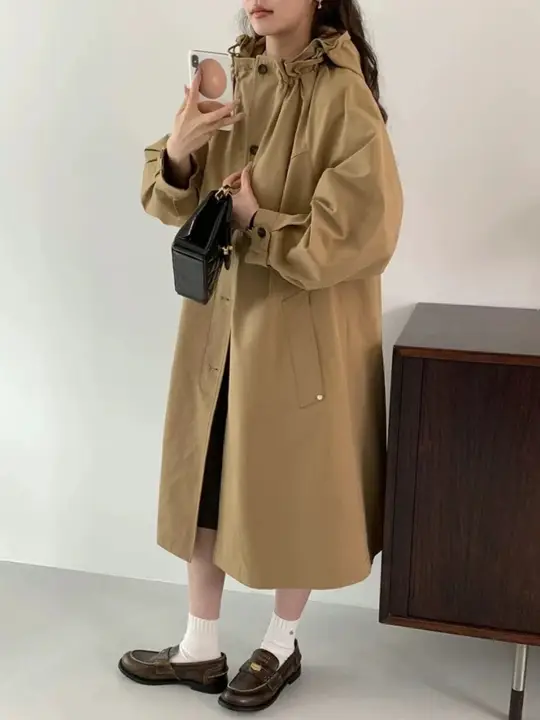 E*G 長袖トレンチコート【秋用・ロング・取り外し可能フード・小柄サイズ対応】