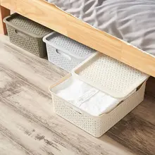 厚手のふた付き収納ボックス【プラスチック製・テーブル用・通気性・編み込み風】
