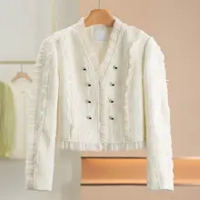 Vネックフリルデザインの無地ショートジャケット【秋用】