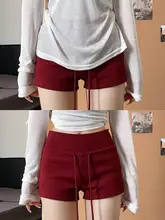 レディース ヨガ風 ショートパンツ【レッド・ウエスト紐・スタイリッシュ・スリムフィット】（セットアップ対応）