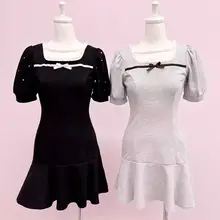 可愛い方領のバブルショートスリーブドレス【女性用・リボン付き・夏向け・スリムフィット】