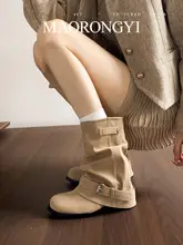 本革製 ヴィンテージ風ラウンドトゥショートブーツ【内増高・厚底・ミドルカット・ワッフルパンツデザイン】
