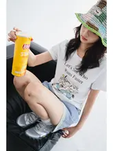 半袖Tシャツ レディース ラウンドネック 短丈 カートンプリント ヴィンテージ加工 着痩せ 遊び心 夏