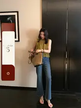 レディース ライセール 微フレアデニムパンツ【レトロデザイン・ハイウエスト・スリムフィット】（セットアップ対応）